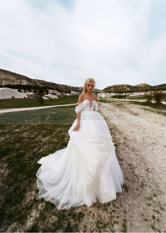 Off Shoulder Beaded White Tulle Fabulous Wedding Dress